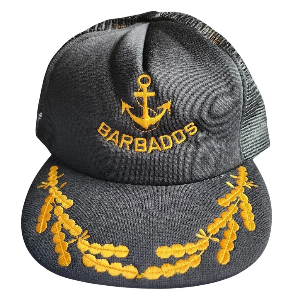 Vintage Barbados 80s Snapback Trucker Hat Gold Anchor Laurel Wreath Embroidered